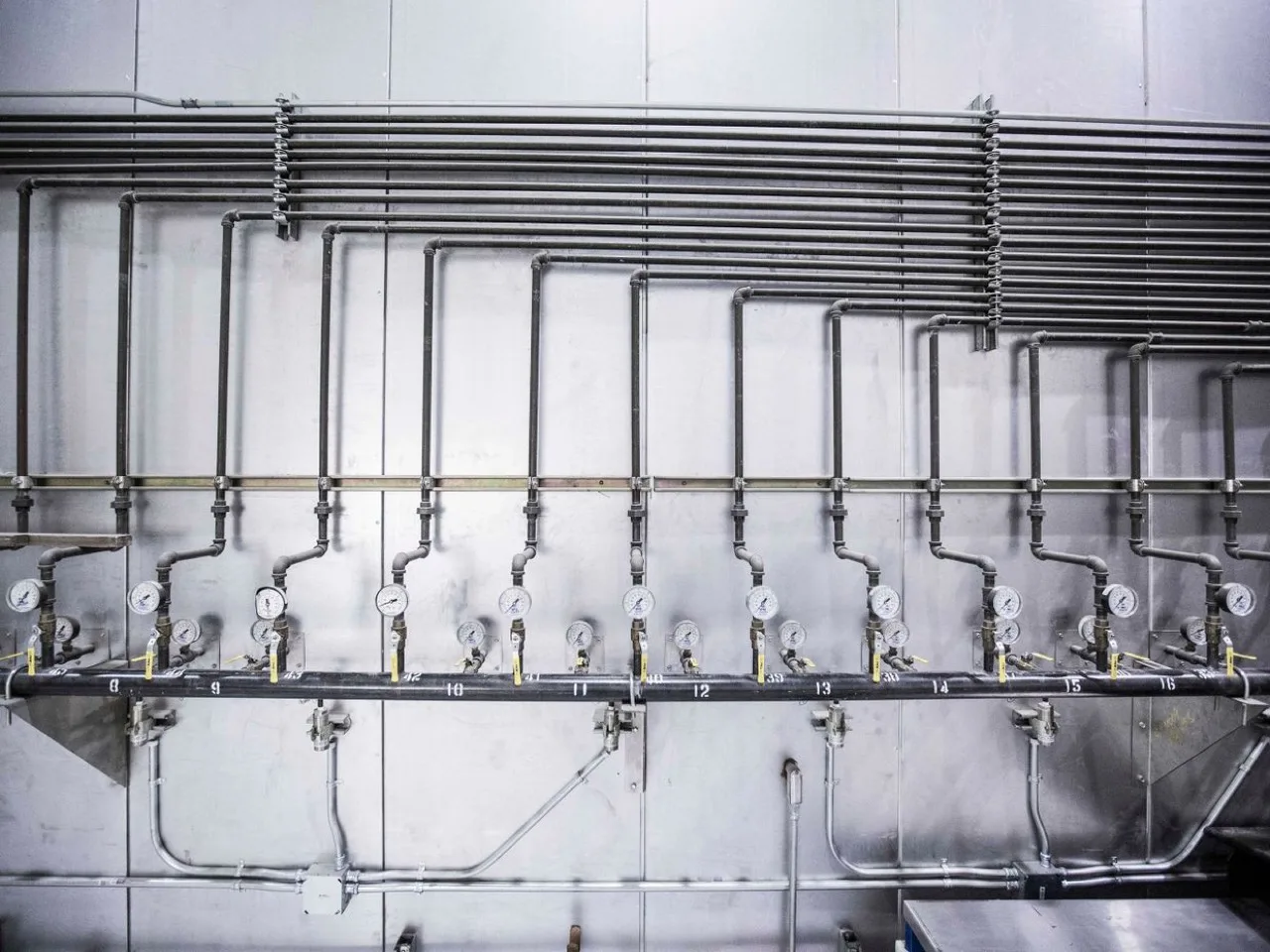 Commercial gas piping manifold with pressure gauges and shut-off valves