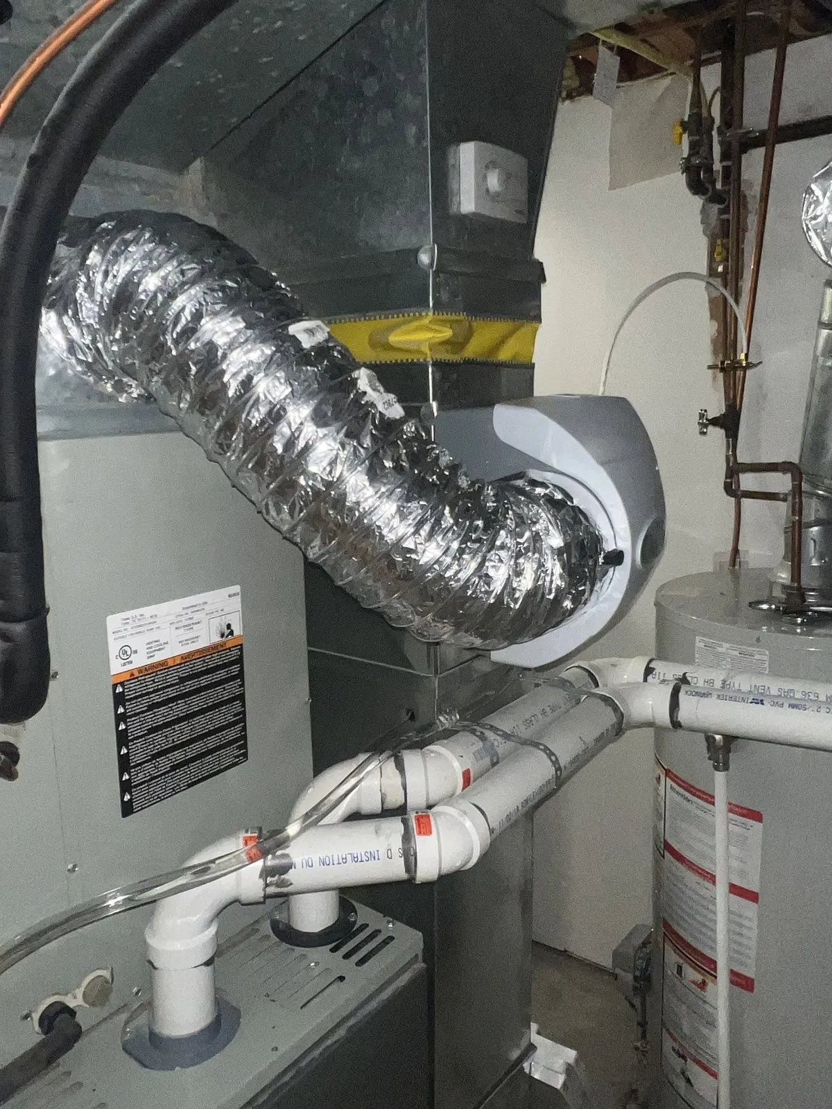 Gas boiler with flexible venting in a basement mechanical room