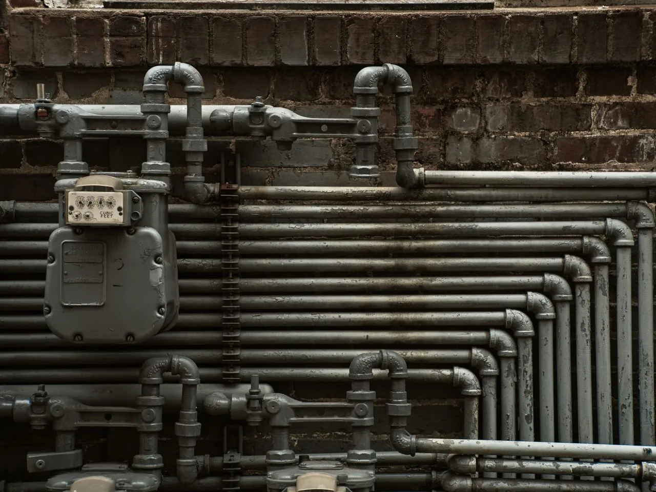 Natural gas meter and black iron gas piping on a building exterior